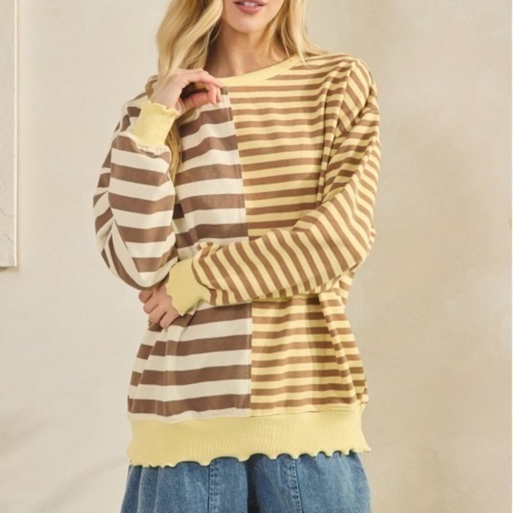 T169. Mixed Stripe Sweatshirt Lettuce Hem
